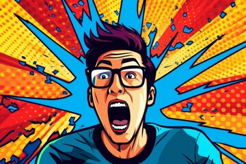 Energetic Asian Male Shouts on Colorful Pop Art Background, Generative AI