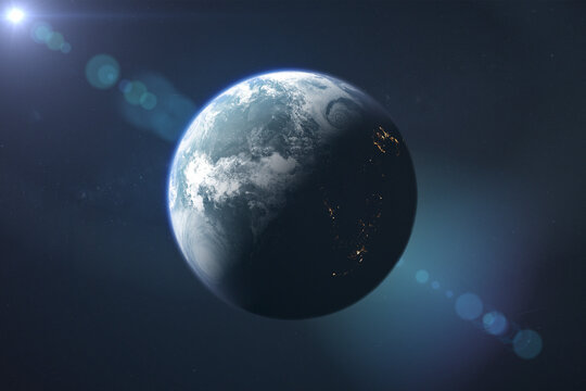 Cinematic shot of complete planet earth globe on space background.