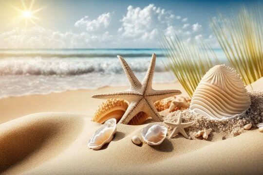seashells and starfish scattered on a sandy beach with ocean waves in the background. Generative AI