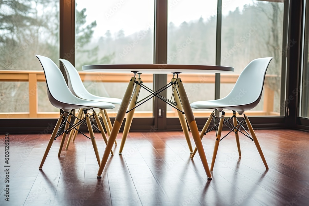 Aufkleber cozy dining area with a view of nature from a large window generative ai