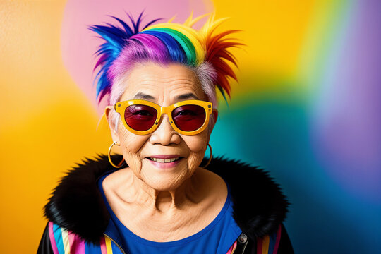 Portrait of an elderly Asian woman with bright mohawk-colored hair and sunglasses on the background of an abstract painting, summer brightness. Generative AI.