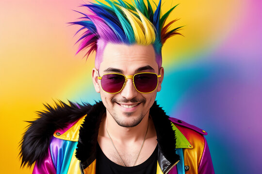 Portrait of a caucasian man with colorful mohawk hair and sunglasses on abstract painted background, summer vibrancy. Generative AI.