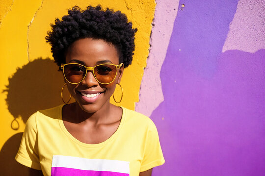 Portrait of a young african woman with dark hair and sunglasses on abstract colorful painted wall background, summer vibrancy. Generative AI.