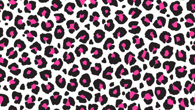 Seamless leopard fur pattern. Fashionable wild leopard print background. Modern panther animal fabric textile print design. Stylish vector black and pink illustration
