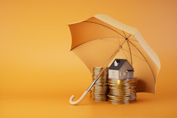 Insurance when buying a home. coins and a house under an umbrella on an orange background. 3D render - obrazy, fototapety, plakaty