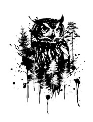 Monochrome graphic portrait of an owl in the forest. Abstraction trees and owl. Print for t-shirt or tattoo, graffiti style. Vector illustration