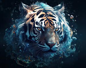 head of a tiger in the night. Generative AI image.