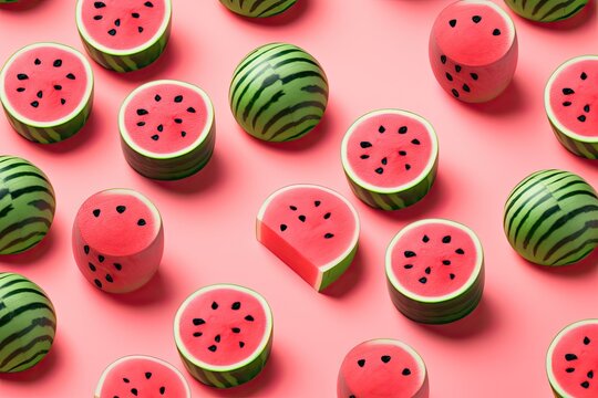 Watermelon Slices On A Pink Background Generative AI