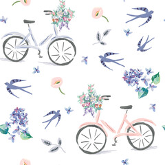 Swallow birds, bikes and flowers, white background. Vector seamless pattern. Cute print. Spring illustration