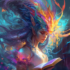 Colorful dragon queen knowledge and creativity. Generative AI