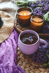 Fototapeta na wymiar Cup of hot tea and lilac bouquet, good morning concept