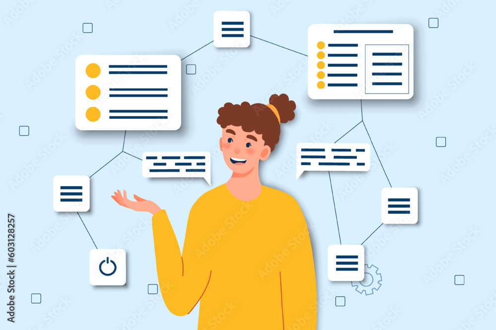 Poster woman with cms. content management system. analysis of user behavior on website and pages. seo speci