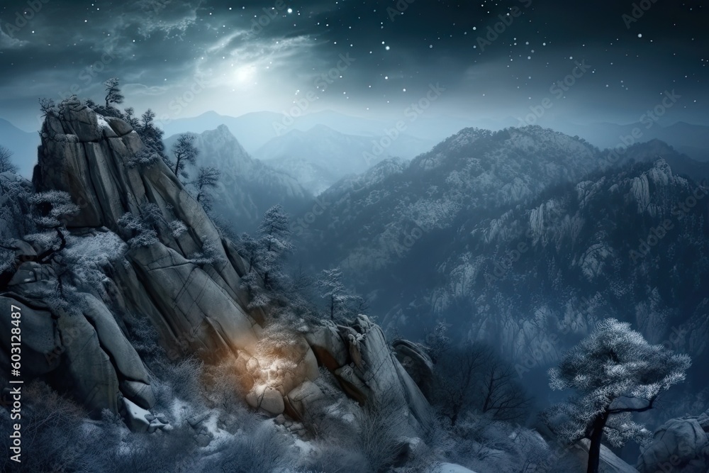 Aufkleber majestic mountain with a glowing light emanating from within generative ai