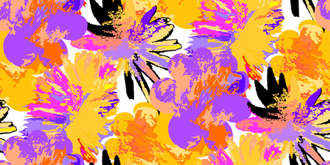 Seamless pattern with graphic tropic flowers. Bright abstract floral background.