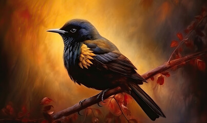 bird sitting on the tree branch with yellow background. Generative AI image.