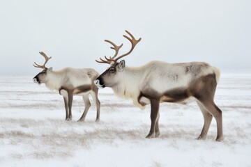 two reindeer standing on a snowy field Generative AI
