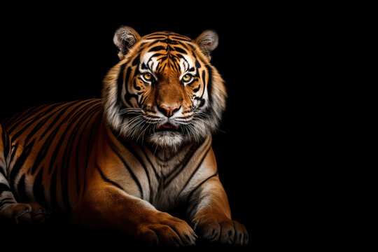 Beautiful tiger lying on the floor, resting while looking at the camera, on a black background. Studio photograph on a black background