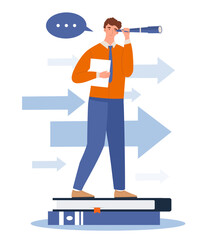 Man exploring concept. Young guy stands on books with spyglass. Education and training, selfdevelopment. Leadership and motivation, ambition and vision for future. Cartoon flat vector illustration