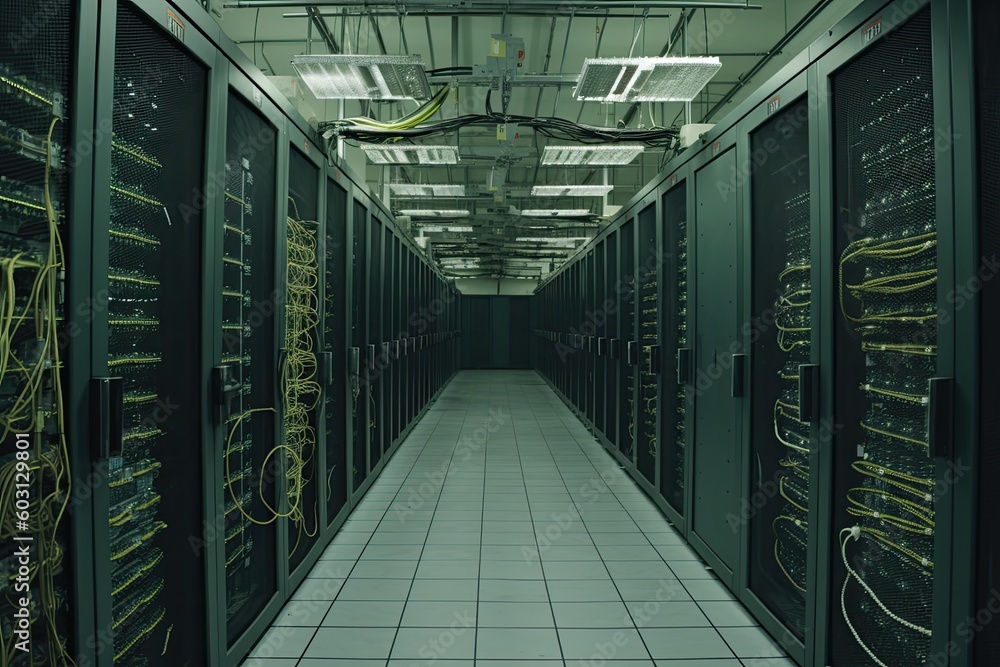 Poster modern data center with rows of high-tech servers and equipment generative ai