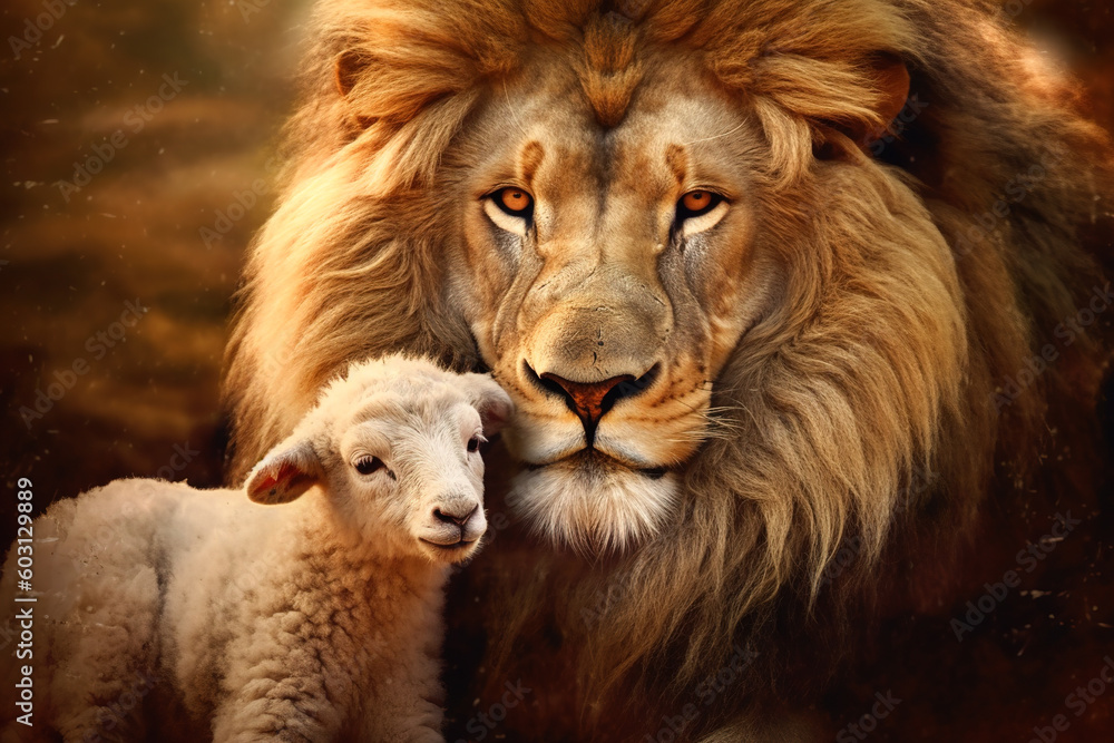 Wall mural The Lion and the Lamb, Bible's description of the coming of Jesus Christ. AI-generated image