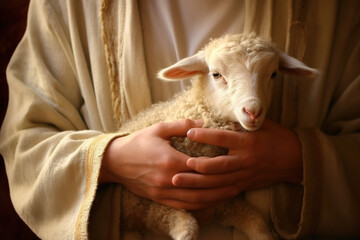 The hands of Jesus Christ gently holding a lamb. Conceptual image depicting a sense of protection and care. AI generated image