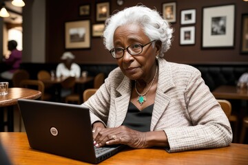 Two elderly afro women in glasses sitting at table in front of laptop.Education for adults. Freelancer works. Retired woman is chatting, blogging, checking email.Social media, network. Generative AI