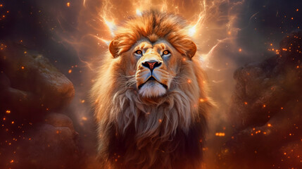 Lion of Judah, exuding strength and power. Christian conceptual illustration. AI generated image - obrazy, fototapety, plakaty