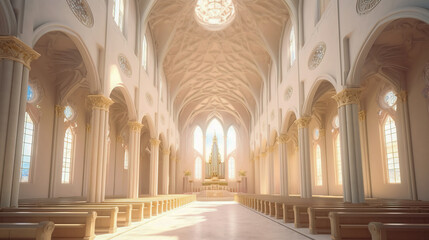 3D render of a celestial church, floating in a heavenly realm. Soft light bathes the interior, creating a peaceful and reverent atmosphere