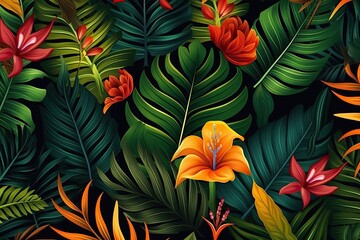 tropical flora and fauna on a dramatic black background Generative AI