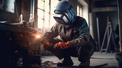 Industrial Welder With Torch and Protective Helmet. Generative AI