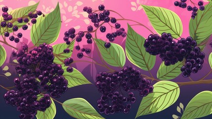 Fresh Organic Elderberry Berry Cartoon Horizontal Background Illustration. Healthy Vegetarian Diet. Ai Generated drawing Background Illustration with Delicious Juicy Elderberry Berry. Generative AI