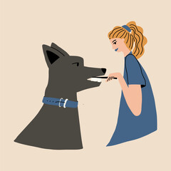 The owner brushes his dog's teeth. Pet oral hygiene. Vector illustration in hand draw style
