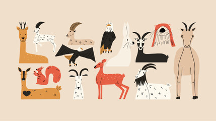 Bio diversity, wild animals set. Bald eagle, squirrel, hare, otter, deer, roe deer, wild goat. Vector illustration in hand drawn style