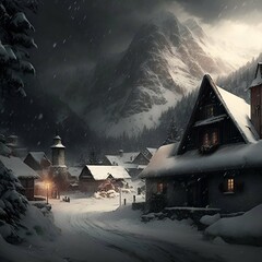 A Painting of a Winter Village Beside a Mountain Generative AI