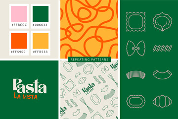 Italian Pasta Branding Identity. Set of vector art elements such as logo, line icons, color palette, and repeating patterns.