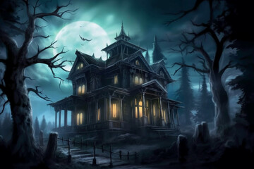 Fototapeta premium Creepy haunted mansion, spooky moonlit sky, trees in background with eyes shining from shadows. AI generative