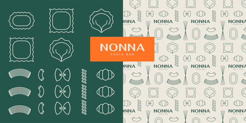 Set of editable line icons and pattern for pasta bar or restaurant branding