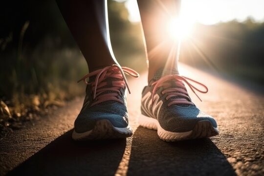 Runner prepares for workout with sport shoes and dramatic sunflare lighting. (Generative AI)