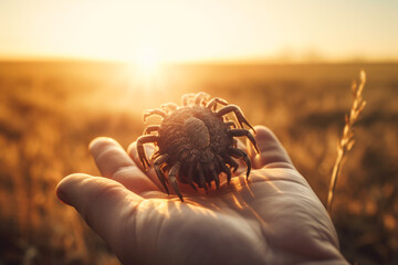 Infectious insect crawls on a person's hand outdoors in the wild in a field. Infectious dermacentor tick arachnid parasite or encephalitis mite in human hand. Generative AI - obrazy, fototapety, plakaty