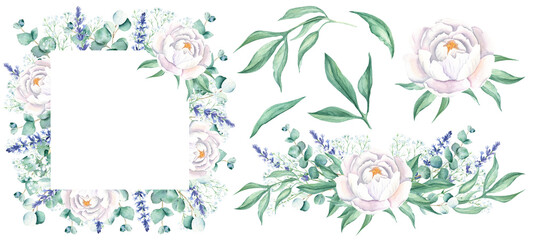 Watercolor peonies set. White flowers, lavender, eucalyptus and gypsophila branches, garland and square frame isolated on white background. Can be used for greeting cards, wedding invitations, save