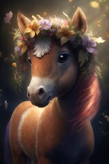Cute red little horse , in a floral wreath on his head Generative AI