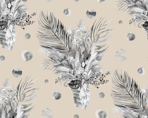 Seamless watercolor black and white pattern with graceful herbs and flowers with leaves for textile