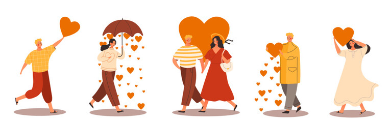People in love set. Collection of men and women with hearts. Young couple walking, romantic date, relationships. Valentines Day holiday. Cartoon flat vector illustrations isolated on white background