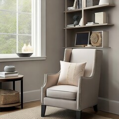 A chair in a living room with a shelf and a big window Generative AI