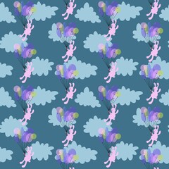 Obraz premium Birthday seamless rabbit with balloons pattern for wrapping paper and fabrics and linens and kids clothes print
