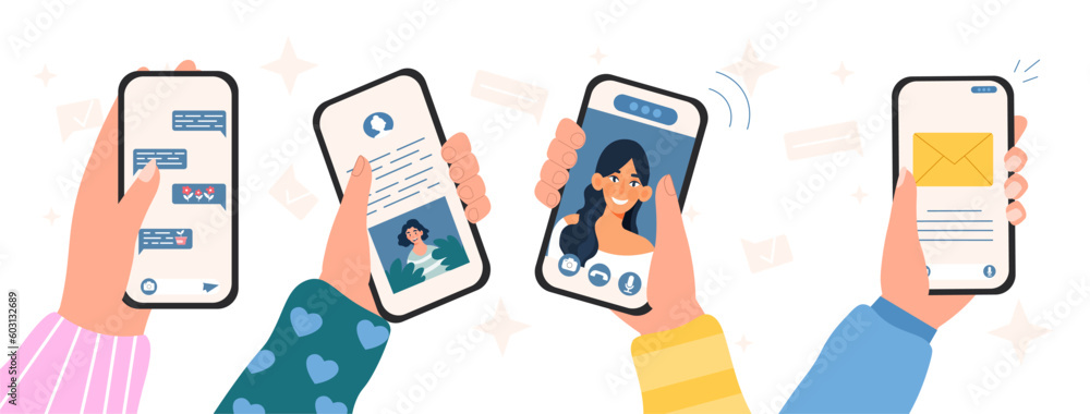 Poster phone conversation set. collection of hands with smartphones. communication in social networks and i