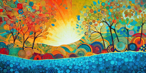 Beautiful abstract painting with tropical shapes painted in a Gouache style — Sunrise with leaves and trees