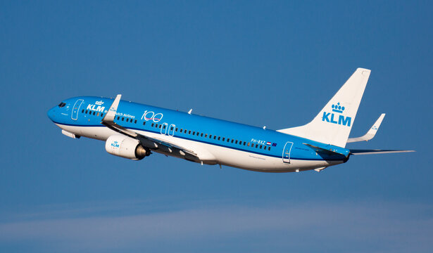 Barcelona, El Prat - February 02, 2020: Airplane KLM Royal Dutch Airlines take off from Barcelona El Prat airport. Board number PH-BXZ