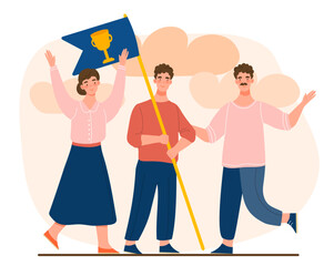 Reach success concept. Men and women with flag with golden cup. Successful employees, winning team. Motivation and ambition, leadership. Goal achievement at work. Cartoon flat vector illustration