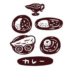 カレーの単色手描きマーク風イラストセット